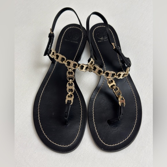 Tory Burch Gemini Black Leather Gold Chain Link Sandals Size 9 Classic Summer - Picture 9 of 9
